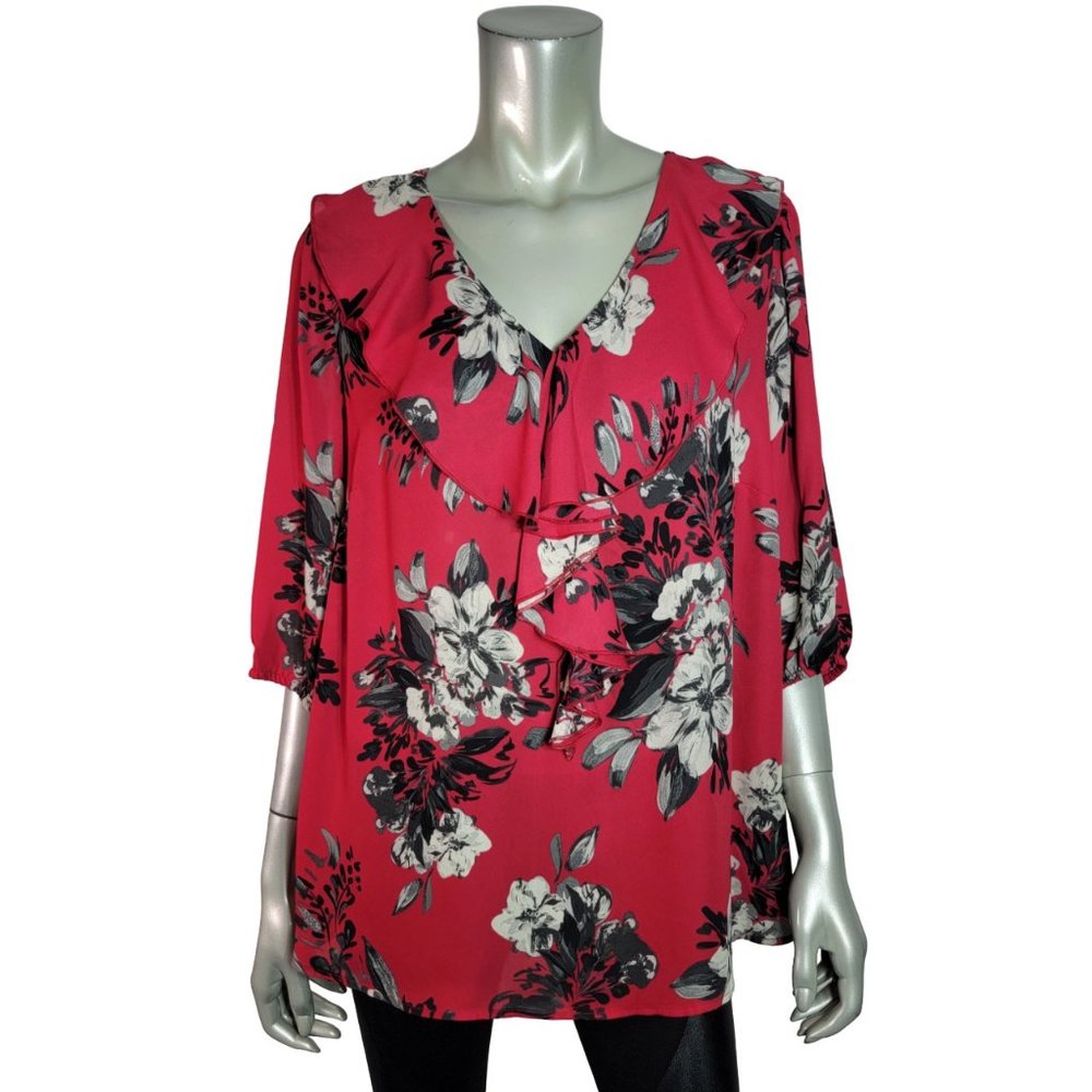 Catherines Top Plus Size 14/16W Petite Ruffle Lightweight V-Neck 3/4 Sleeve Red